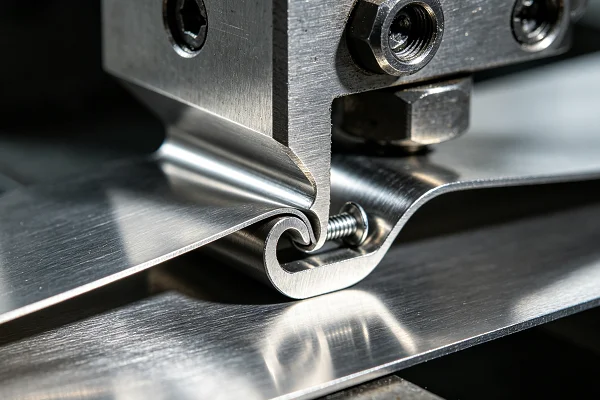 A close-up of a press brake bending a piece of sheet metal